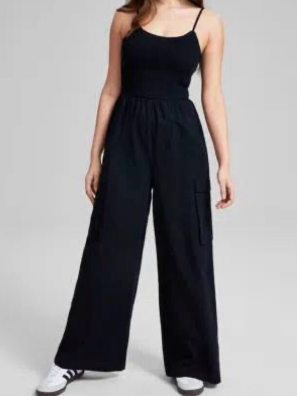 Black Wide-Leg Spaghetti-Strap Jumpsuit with Cargo Pocket